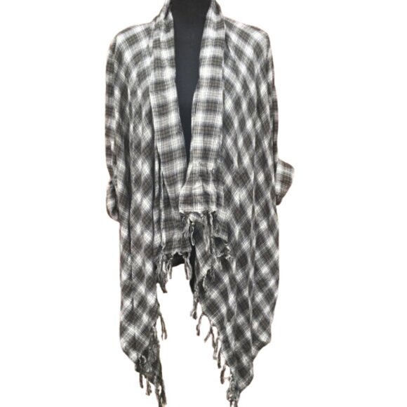 Billabong Waterfall Cardigan Medium Green Plaid Tassel Fringe Open Front Boho - Picture 1 of 9